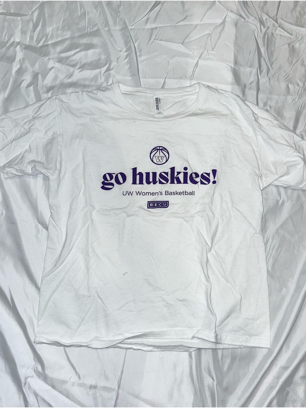 Jerzees White Tee with Purple "go huskies!" Graphic